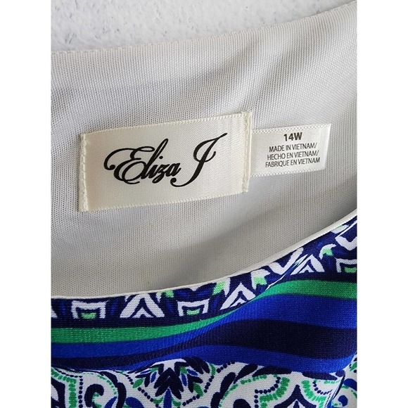 Eliza J Geo Striped Shift Dress Blue Stretchy Lined Size 14W NWT - Picture 8 of 11